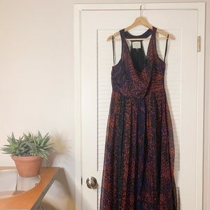 Anthropologie Maroon and Black Printed Halter Cowl Neck Gown